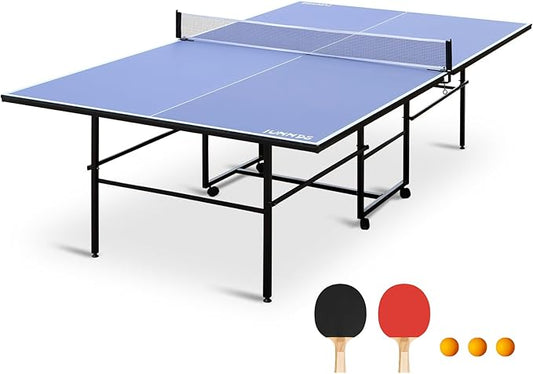 9”×5”MDF Indoor Table Tennis Table with Quick Clamp Ping Pong Net with Two Rackets and Three Balls，Foldable Single-Player Game