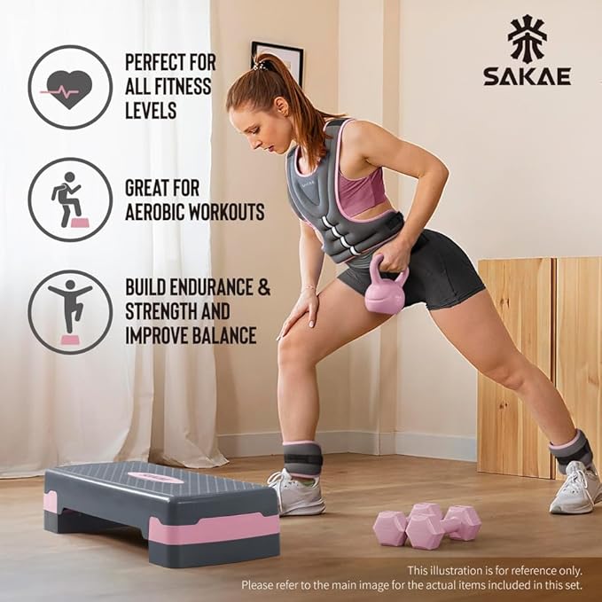 SAKAE Aerobics Step Platform Set with Weighted Vest & Measuring Tape, Adjustable Height 2 Level Risers Workout Step Trainer with Non-Slip Surface, Step Platform for Home Exercise, Multiple Colors