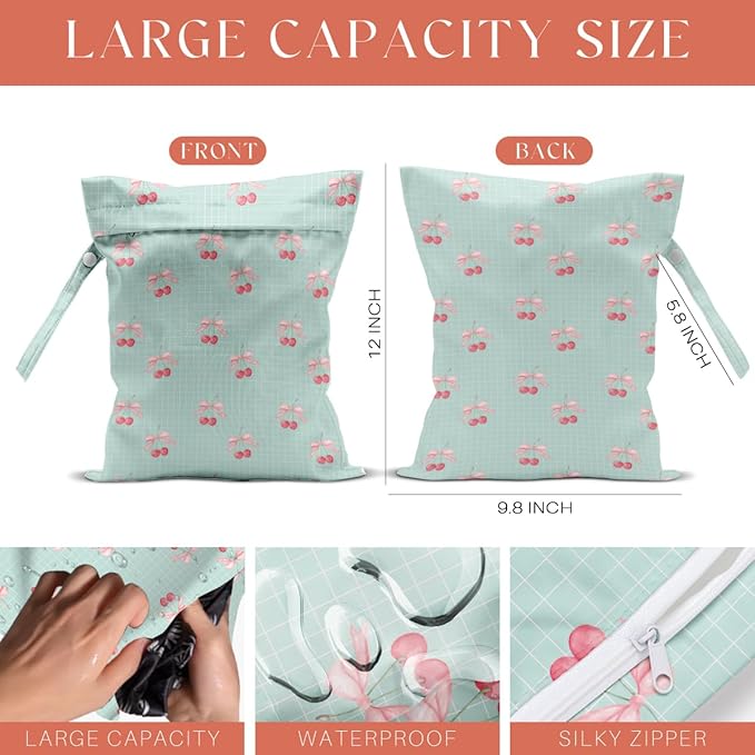 4 Pack Cute Stripe Bow Cherry Wet Bag Waterproof Washable Reusable Wet Dry Bag for Swimsuit Dirty Clothes Soiled Items Cloth Diaper Travel Beach Pool Yoga Gym Toiletries Travel Essentials