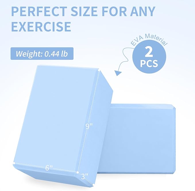 Yoga Block 2 Pack 9"x6"x3", Sturdy Yoga Foam Blocks, High Density & Non Slip Surface for Pilates & Stretching, Fitness Accessories for Stability & Balance