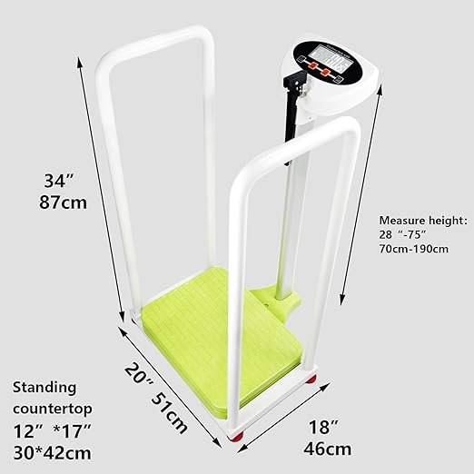 Armrest Electronic Medical Height and Weight Scale,20" L x 12" W x34 H, Up to 420lb Weight Capacity, 75” Height Measurement, LCD Display, USB Charging, Temperature Display (Fresh Green)
