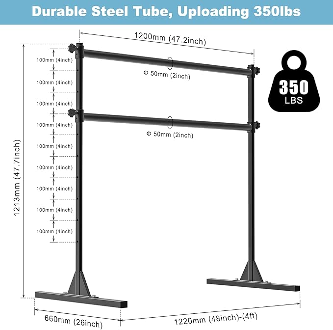 4FT/5FT/6FT Freestanding Ballet Barre 10 Height Adjustable from 11 to 47 inch Ballet Bar 350 lbs Capacity Portable Double Dance Bar for Home Workout and Stretch