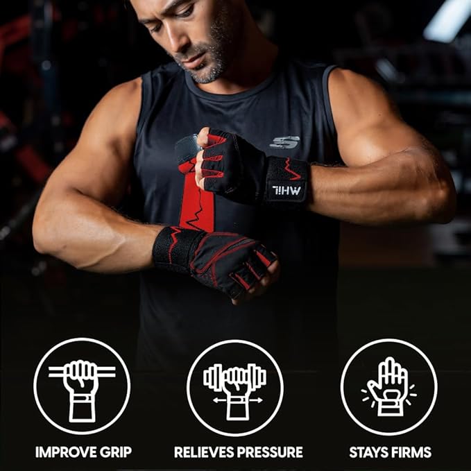 MhIL Workout Gloves for Men – Comfortable Gym Gloves for Men with Enhanced Grip for Safety and Hand Protection – Weight Lifting Protection with Wrist Wraps Support for Performance Boost and Style
