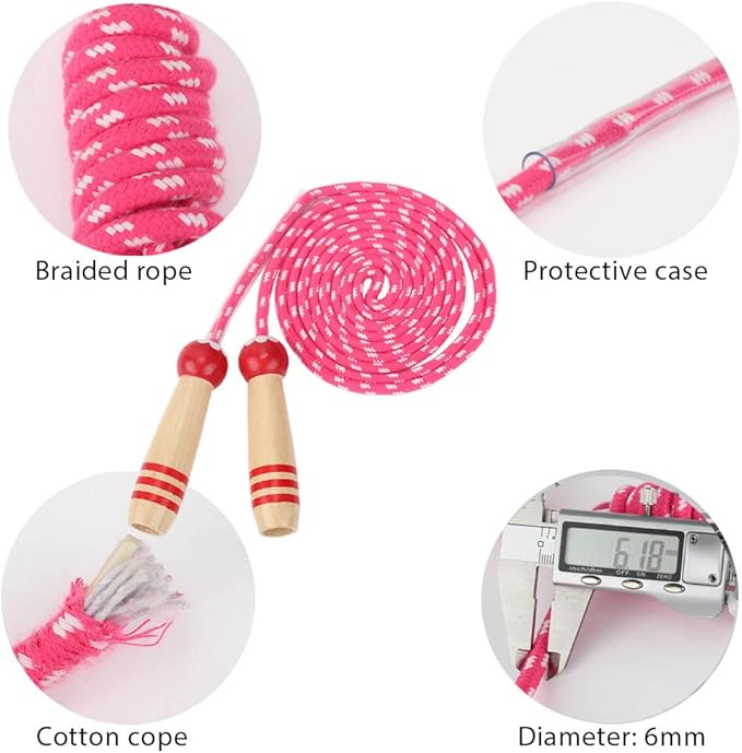 Jump Rope Kids, 7ft Adjustable Cotton Skipping Rope with Wooden Handle for Boys and Girls Fitness Outdoor Exercise