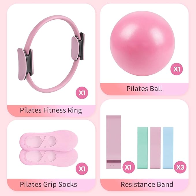 Pilates Essential Kit - Home Pilates Equipment Set - with Toning Pilates Ring & Long Resistance Bands & 3 Level Pilates Loop Bands & Soft Pilates Ball & Pilates Grip Socks