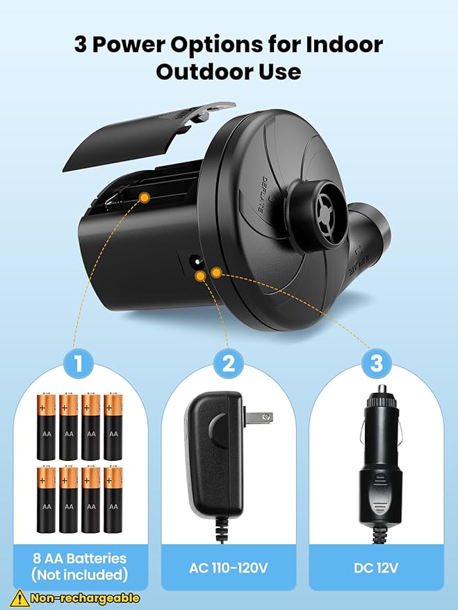 Dr.meter Air Mattress Pump, 3 Ways Powered Portable Electric Air Pump with 3-Nozzle AC 110V, DC 12V, Battery Operated Quick-Fill Inflator Deflator for Inflatable Pool Float Air Bed Boat Swimming Ring