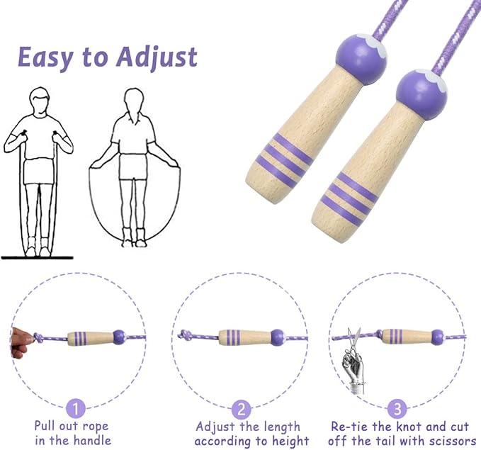 Jump Rope Kids, 7ft Adjustable Cotton Skipping Rope with Wooden Handle for Boys and Girls Fitness Outdoor Exercise
