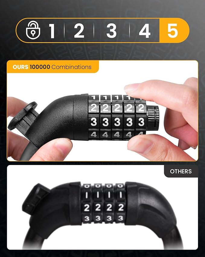 Bike Lock Cable with Combination, Heavy-Duty 5-Digit Combination Cable Lock for Bike & Scooter – Resettable Code, Anti-Theft Security Design with Mounting Bracket Included