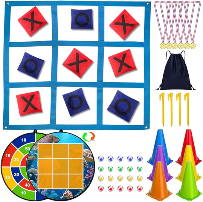 Carnival Games Set, Outdoor Giant Tic Tac Toe Games, Soft Plastic Cones Bean Bags Ring Toss Game Combo Set, 26" Dart Board with Sticky Balls for Kids Adults Family Indoor Lawn Yard Birthday Party