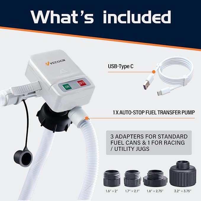Automatic Fuel Transfer Pump with Auto-Stop, 51'' Extra Long Hose, 3.2 Gallon per Min, Fast and Safe Portable Gas Can Pump for Oil,Battery or USB Powered, 4 Can Adapters,Diesel,Gasoline (Gray)