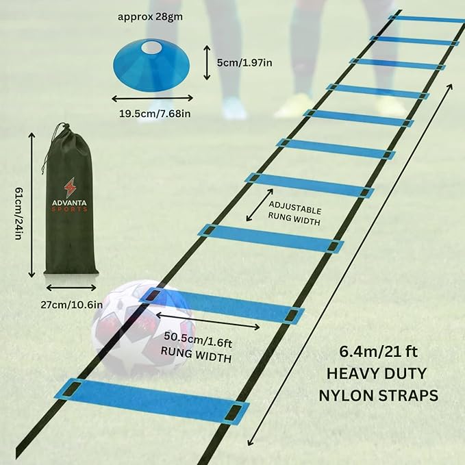 DELUXE EDITION Agility Ladder Training Set - 13 Rung 21ft Agility Ladder w/13 Disc Cones, Carry Bag - Improve Speed & Strength Soccer, Football, Basketball w/4 Steel Pegs for Outdoor Workout Charts