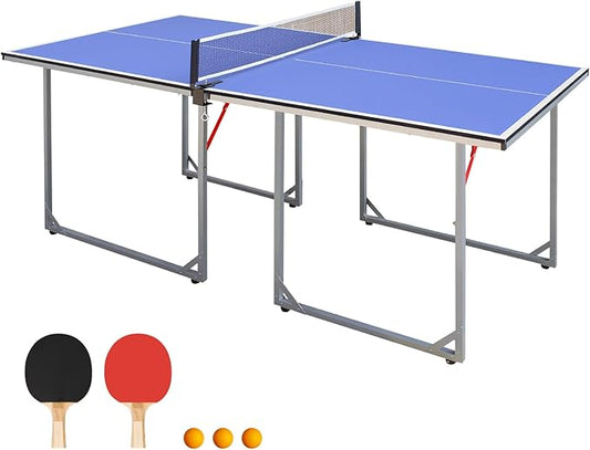 Ping Pong Table Foldable Table Tennis Table with Net, Table Tennis Paddles and Balls, 4.5FT/6FT/9FT MDF Multi-Use Family Game Table for Kid Teenager Adult, Compact & Portable