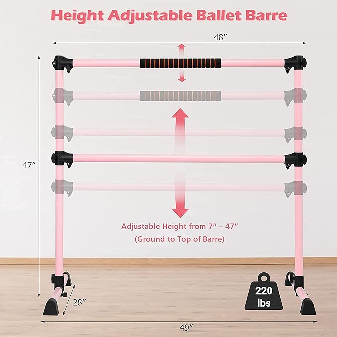 Costzon Portable Ballet Barre, 4ft Freestanding Double Ballet Bar with Adjustable Height, Fitness Dance Bar w/Foam Pads for Stretching, Home Gym Barre Exercise Equipment for Kids & Adults