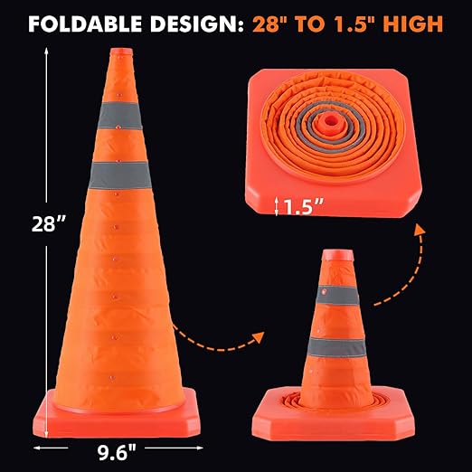28 Inch 6 Pack Collapsible Traffic Safety Cones, Orange Cones with Reflective Collar, Portable Multipurpose Traffic Cones for Parking Construction Driving Training Sports Practice