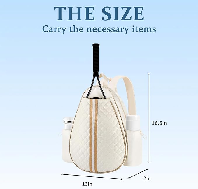 Tennis Bags for Women Quilted Large Tennis Sling Bag Crossbody Backpack Holds 2 Rackets Water Resistant Racket Bag Cover One Shoulder Pickleball Bags for Badminton Racquet Racketball (White)