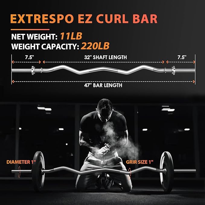 47" EZ Curl Bar Weight Lifting Bar, for Hip Thrusts/Squats/Lunges, 1" Weight Plates Curling Bar for Gym and Home, with Star Collars