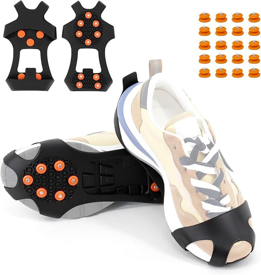 Anti Slip Ice Cleats, Ice Snow Traction Cleats for Walking on Snow and Ice, 10 Steel Studs Crampons, Ice Snow Grips with Extra 20 Replacement Studs for Shoes and Boots