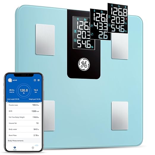 GE Smart Scale for Body Weight, BMI, Fat, Muscle Mass with All-in-one LCD Display, Digital Bathroom Scale Bluetooth Body Composition Analyzer with App, Accurate Weighing 400 lb Blue