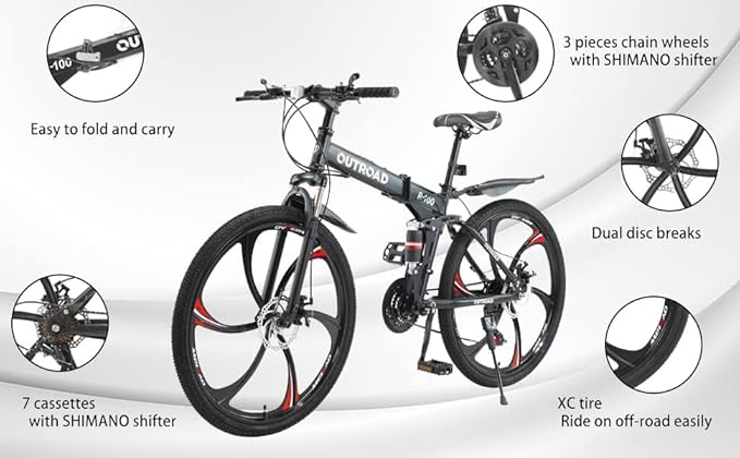 Outroad Folding Mountain Bike Foldable/Unfoldable Bike 26 Inch for Adult, 21-Speed Dual Suspension High-Carbon Steel MTB Foldable Bicycle, Dual Disc Brake Folding Bikes for Women and Men