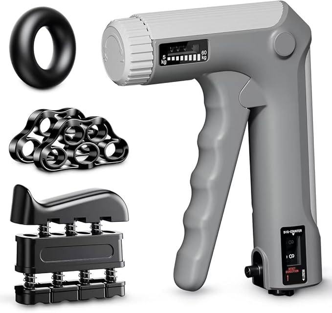 Hand Grip Strength Trainer Kit - Hand Gripper Training Set with Adjustable Resistance 2 Finger Stretchers Extenders Finger Exerciser Forearm Workout Ring Exercise Equipment Accessories Gray