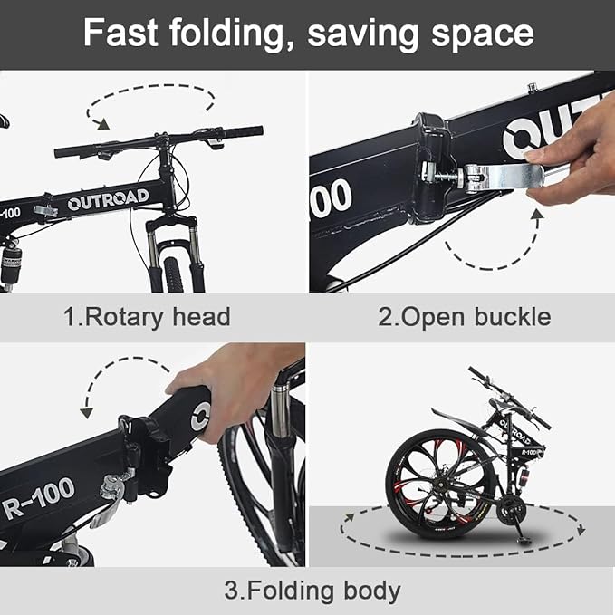 Outroad Folding Mountain Bike Foldable/Unfoldable Bike 26 Inch for Adult, 21-Speed Dual Suspension High-Carbon Steel MTB Foldable Bicycle, Dual Disc Brake Folding Bikes for Women and Men