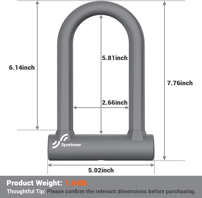 Sportneer Bike Lock - Heavy Duty Anti Theft Bike U Lock with 5ft Security Steel Cable - 17mm Shackle Bicycle U-Locks with Keys & Sturdy Mounting Bracket for Road, Mountain, Electric Bike, Grey