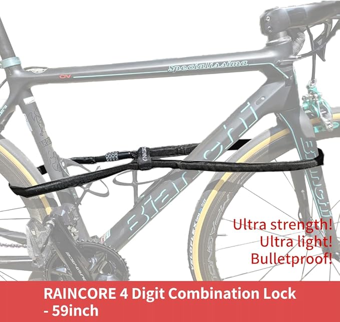 RAINCORE Light Weight Bike Cable Lock for Heavy Duti Anti Theft - 59inch (150cm) - 0.4lb (184g) - Bike Chain Lock with Chain Cutter Proof Fiber - Patented Korea - Security Cable (59 incehs)