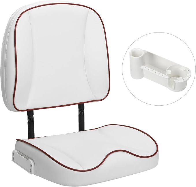 Folding Boat Seat Low Back Fishing Boat Seats with Caddy Organizer, White/White/Red