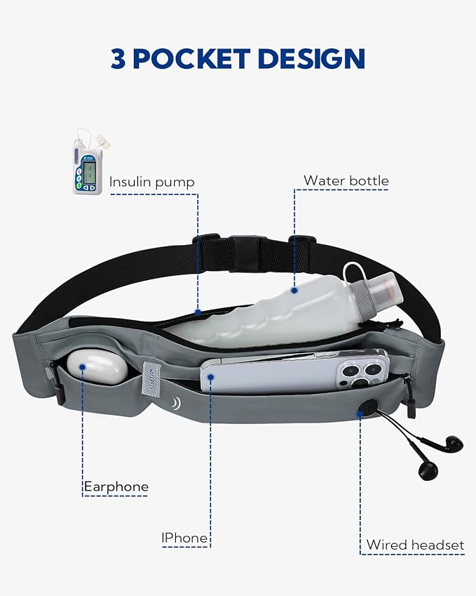 WATERFLY Running Belt Fanny Pack: Runner Marathon Jogging Waist Pack Sport Workout Exercise Fitness Phone Holder Belt for Men Women Jogger Slim Waistband Dark Grey