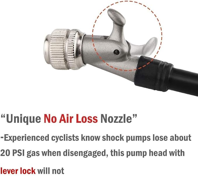 Giyo High Pressure Shock Pump, (300 PSI Max) for Fork & Rear Suspension, Lever Lock on Nozzle No Air Loss (Black)
