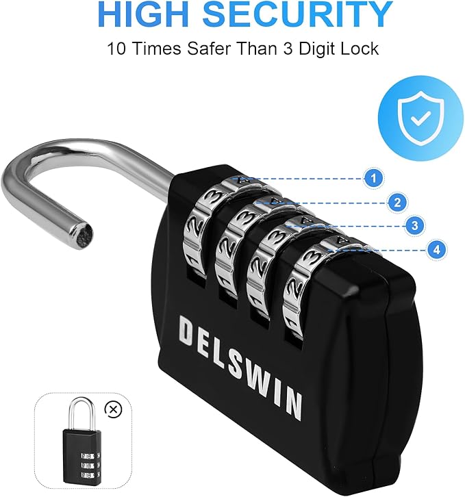 DELSWIN 4-Digit Gym Locker Lock - 8 Resettable Combo Locks for Toolbox, School Locker, Travel Luggage, Backpack, Gate, Shed