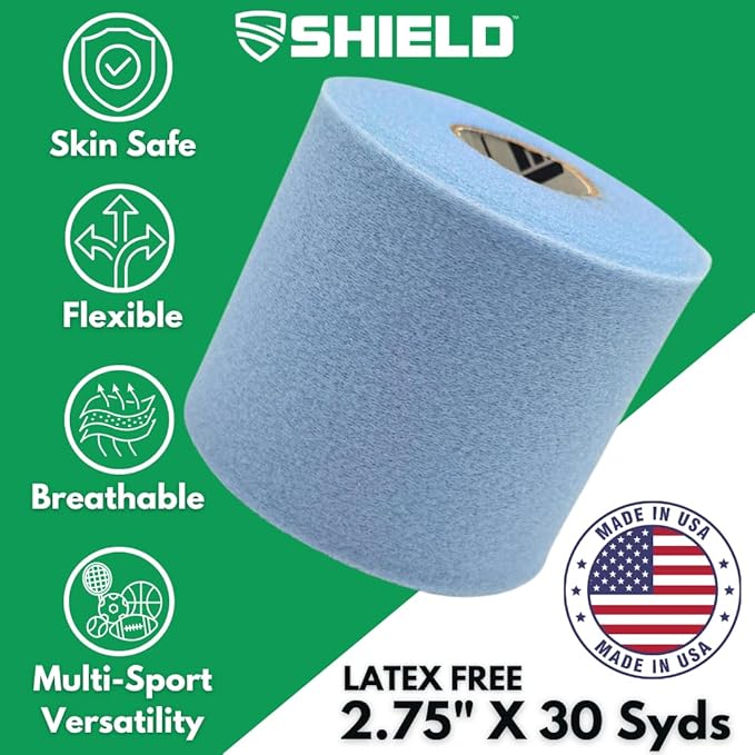Shield Athletic Underwrap | Bulk Case of 48 Rolls of PreWrap, Hair Tie, Headband, Patellar Support, Pre-Wrap Athletic Tape, 2.75" X 30 SYards, Foam Barrier, Flexible, Breathable (Carolina Blue)