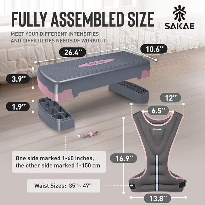 Adjustable Height Aerobic Stepper Set, Multiple Bundle Options with Dumbbells, Kettlebell, Waist Trimmer, Ankle Weights or Weighted Vest, Workout Exercise Step Platform w/Level Risers, 4 Colors