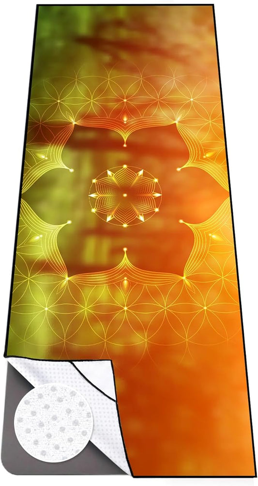 Colorful Star Large Yoga Towel with Corner Pockets, Non Slip Grip Dots Absorbent Hot Yoga Mat Towels, Yoga Blankets with Travel Bag, Mat Cover for Workout, Gym, Fitness - 74"x26", Geometric Flower
