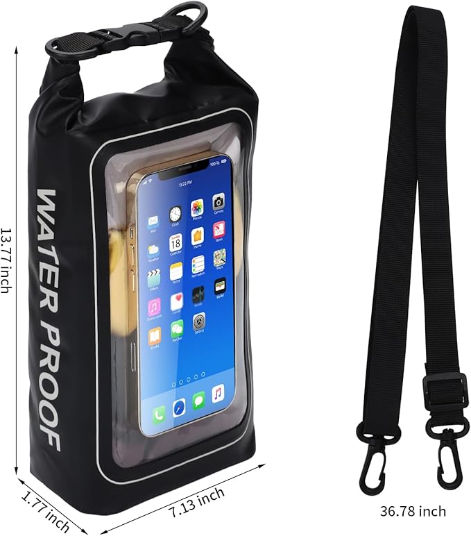 IP68 Waterproof Dry Bag, 2L - Roll Top Waterproof Pool Bag，dry bags for kayaking waterproof-w/Phone Pouch,Large Waterproof Phone Pouch,Boating & Kayak Accessories camping (black)