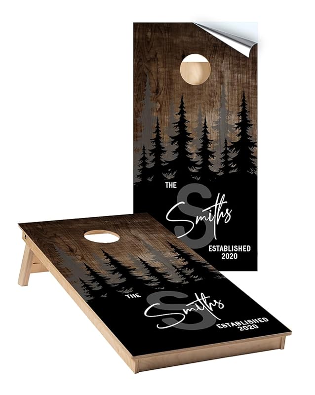 Cornhole Board Wraps Custom Family Name Wood and Trees Theme #725 - Cornhole Skins | Cornhole Graphic Decals - Includes Application Squeegee - Set of (2) 25" x 49” 3M Vinyl Wraps with Gloss Laminate