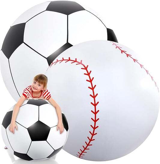 Lewtemi Giant Inflatable Sports Balls Large Inflatable Beach Ball Baseballs Soccer Rainbow Basketball Football for Sport Birthday Party Favor(2 Pcs,Soccer, Baseball,27 Inch)
