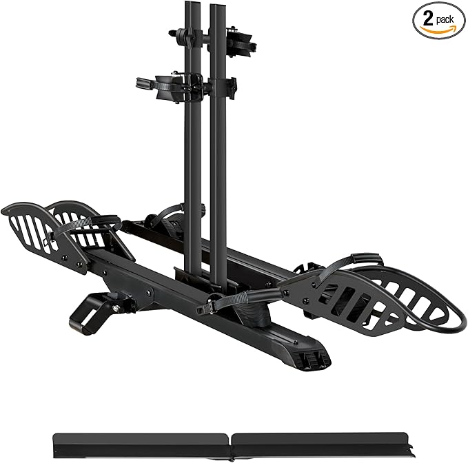 E-Bike Rack with Ramp, Hitch 2 Bike Rack, 200 lbs Capacity Electric Bike Carrier, Foldable Platform Mount for Cars, Trucks, SUVs, Minivans, Up to 5-Inch Fat Tire for 2'' Receiver