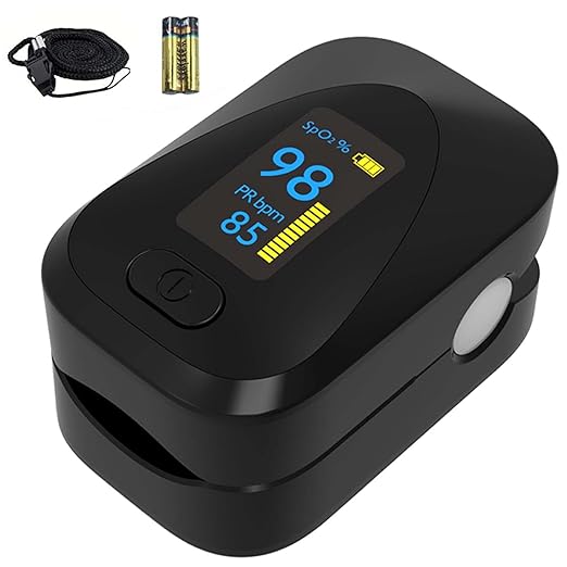 Oximeter, Pulse Oximeter, Oximeter with Alarm, Fingertip Pulse Oximeter, Portable SpO2 Pulse Rate Monitor, Oximetro Batteries and Lanyard (Black)