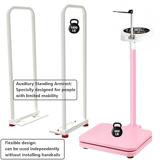 Armrest Electronic Medical Height and Weight Scale,20" L x 12" W x34 H, Up to 420lb Weight Capacity, 75” Height Measurement, LCD Display, USB Charging, Temperature Display (Lotus Root Pink)