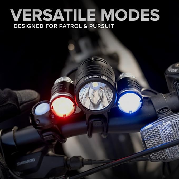 PS1200 Front & OPTIKS P220 Rear Police Patrol Bike Light - Red/Blue Strobe LED - Rechargeable - Water Proof - 5 Modes - for Professional Use Only