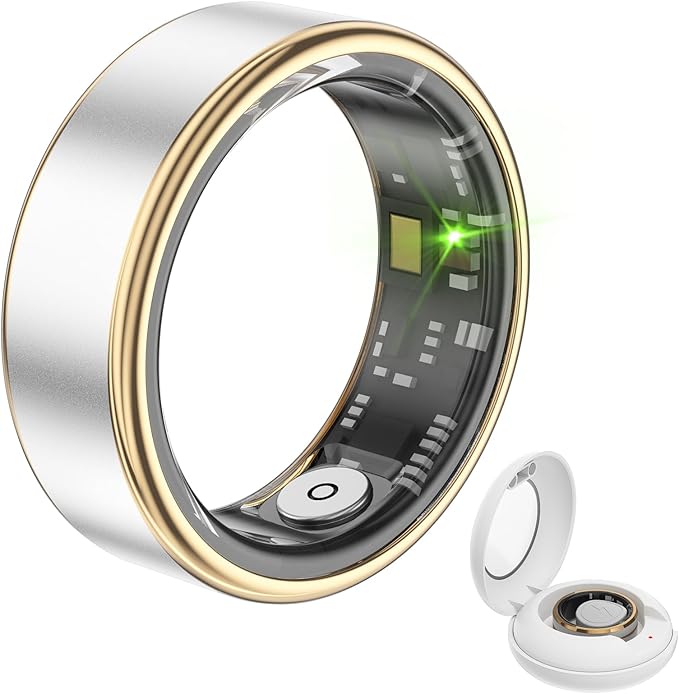 Loluka Smart Ring with Heart Rate Monitor Fitness Ring Fitness Tracker Step Tracker Sleep Monitor Health Tracking No Subscription Fee for Android iOS Gold Silvery 12