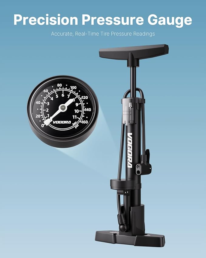 Bike Pump Presta & Schrader Valves, Bicycle Pump with Pressure Gauge for All Bikes, Bike Tyre Pump for Car Tyres, Foot Pump for Road Mountain Bikes & Balls