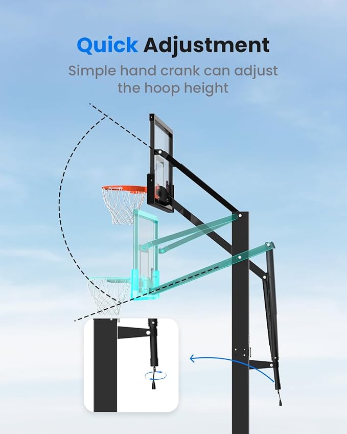 IGL In-Ground Basketball Hoops with 54-60 Inch Tempered Glass Backboard,7.5-10ft Height Adjustable Basketball Goal System, Reinforced and Thickened Square Tube Iron Steel