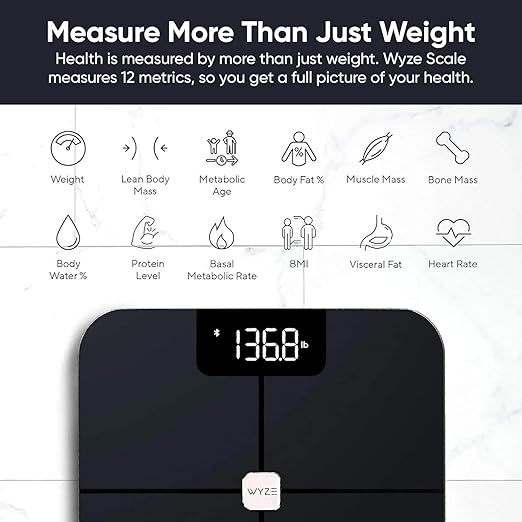 Wyze Smart Scale, Scale for Body Weight, Digital Bathroom Scale for Body Fat, BMI, and Heart Rate, Body Composition Analyzer with App, Batteries Included, Bluetooth, 400 lb, Black-New