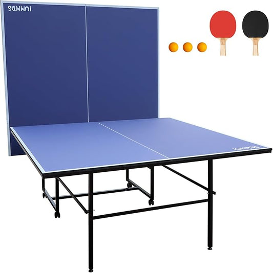 Folding Rolling Table Tennis Table Regulation Ping Pong Table with 2 Paddles 2 Balls 1 Net and Post Set Fold-Up Design 4 Wheels for Easy Movement, BLUE