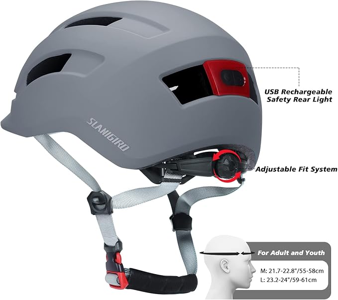 Adult Urban Bike Helmet - Adjustable Fit System & Integrated Taillight for Men Women