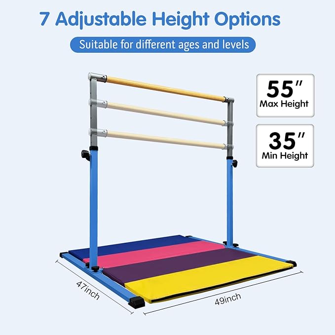 XDEMODA The Latest Model Gymnastics Bar for Kids Ages 3-15 for Home, Anti-Slip, Easy to Assemble, 35” to 55” Adjustable Height Gymnastic Horizontal Bars Equipment