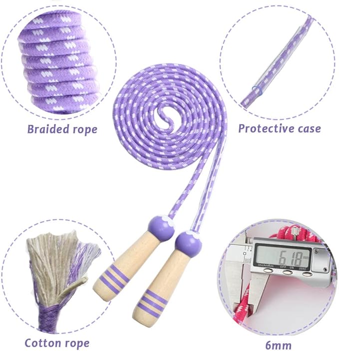 Jump Rope Kids, 7ft Adjustable Cotton Skipping Rope with Wooden Handle for Boys and Girls Fitness Outdoor Exercise