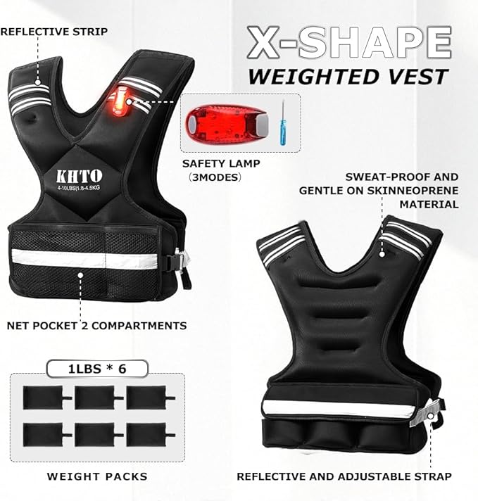 KHTO Adjustable Weighted Vest for Men and Women with Warning Light Reflective Strip，Large Weight Vest for Exercise Set Cardio and Strength Training (4-10lb/11-20lb/20-32lb)